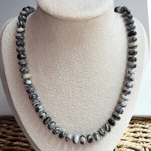 20.5" Beaded Gemstone Necklace, Spiderweb Jasper & Chalcedony, Silver Clasp